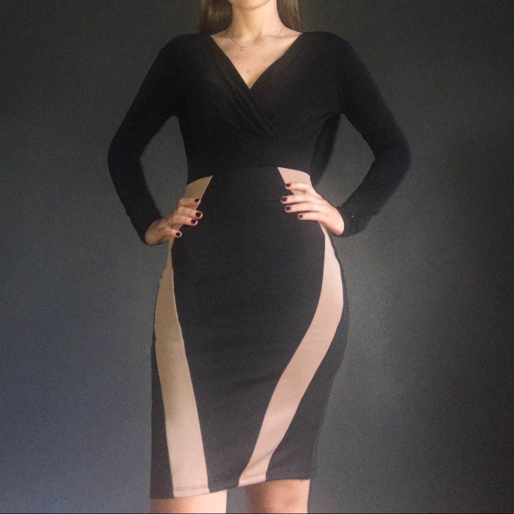 Elegant Long Sleeved V-Neck Pencil Skirt Dress